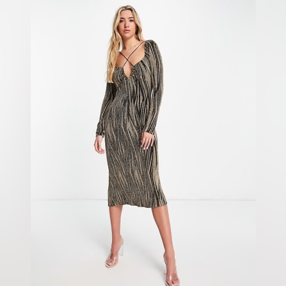 ASOS long sleeve textured swirl midi Bodycon dress in black and gold